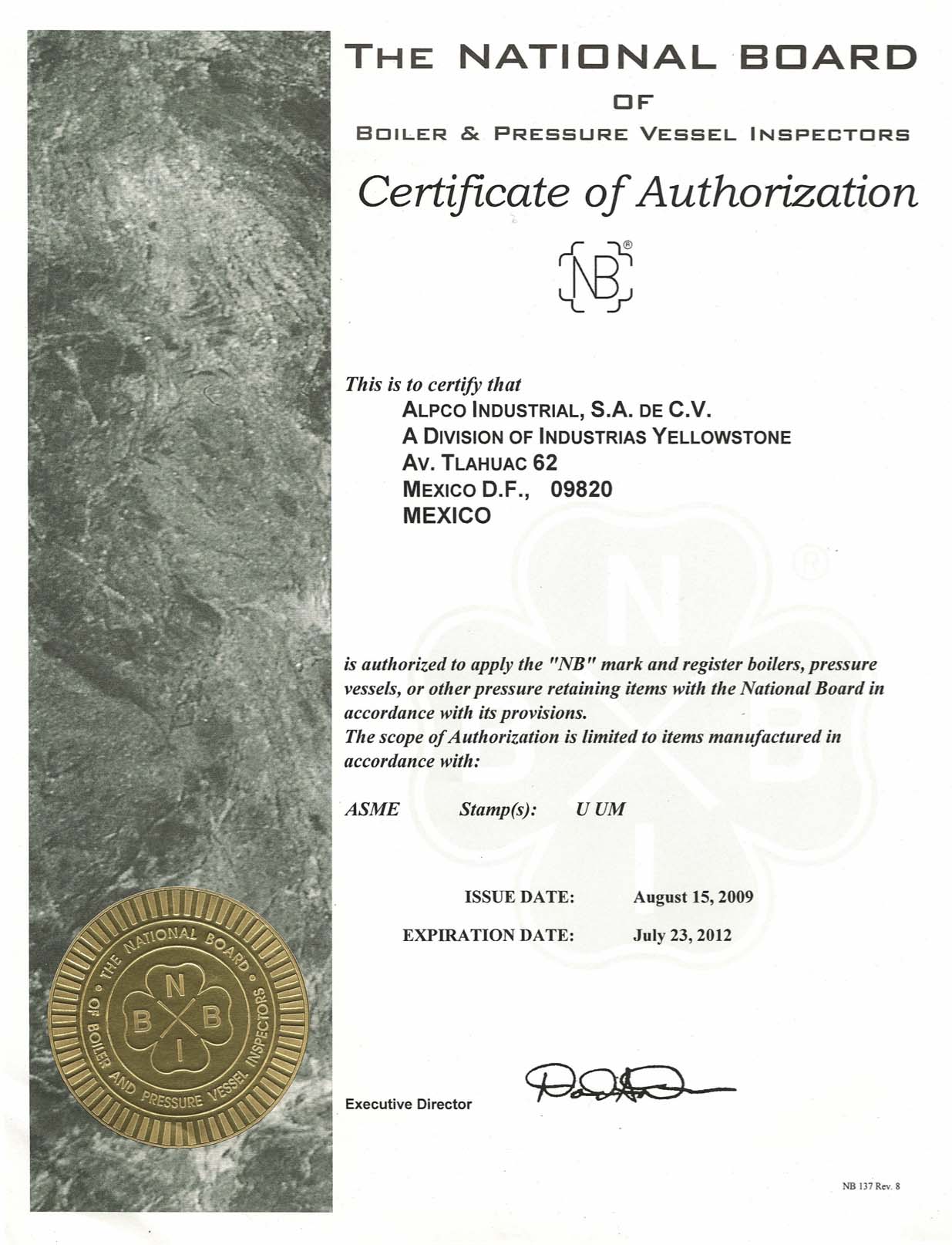 The National Board of Boiler and Pressure Vessel Inspectors Certificate of Authorization NB Stamp